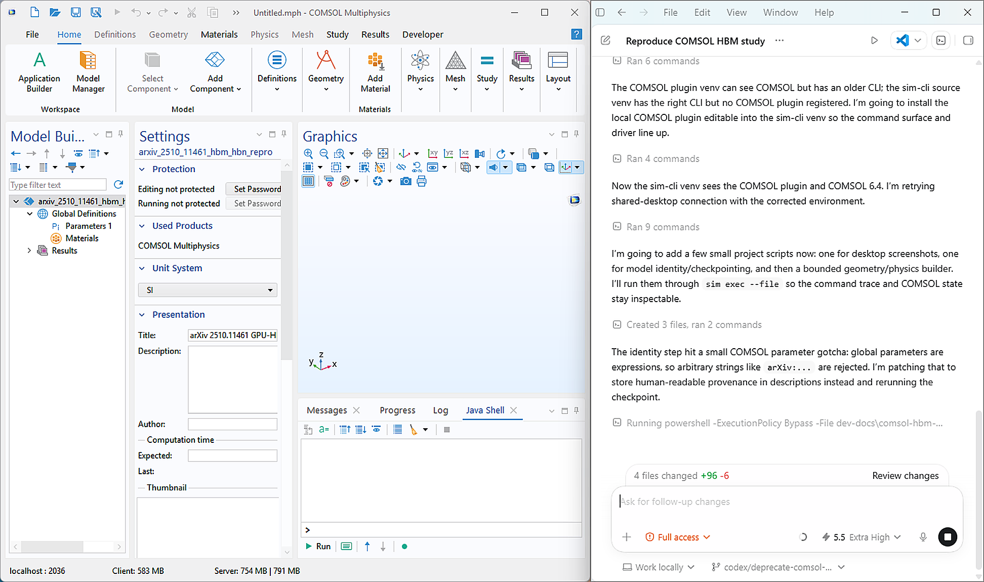 COMSOL shared Desktop on the left and Codex on the right after model identity checkpointing.