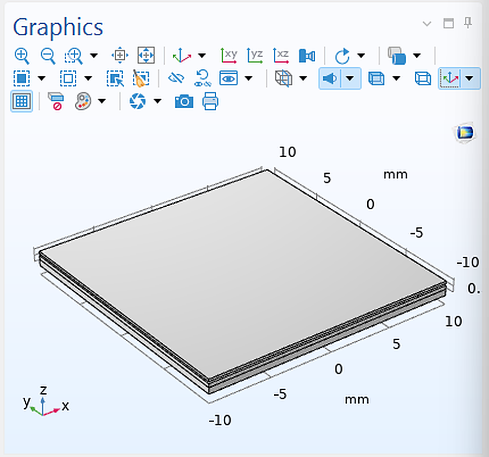 Cropped COMSOL graphics view showing the representative stacked GPU interposer thermal geometry.