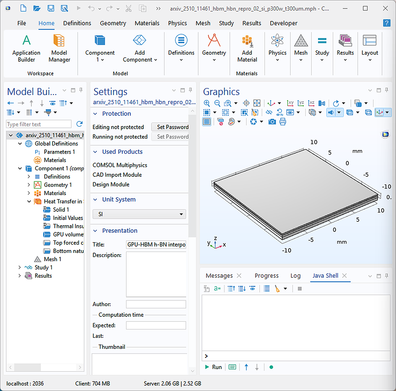 Cropped COMSOL window after the TDP and h-BN thickness sweeps complete.