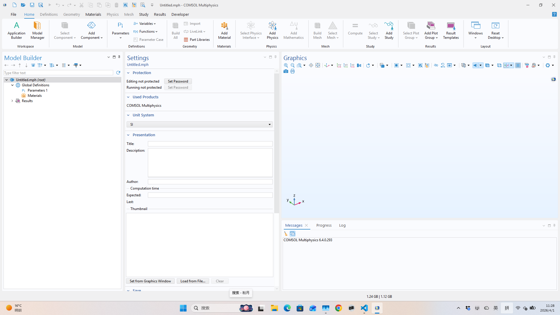 COMSOL Desktop — empty model after connect