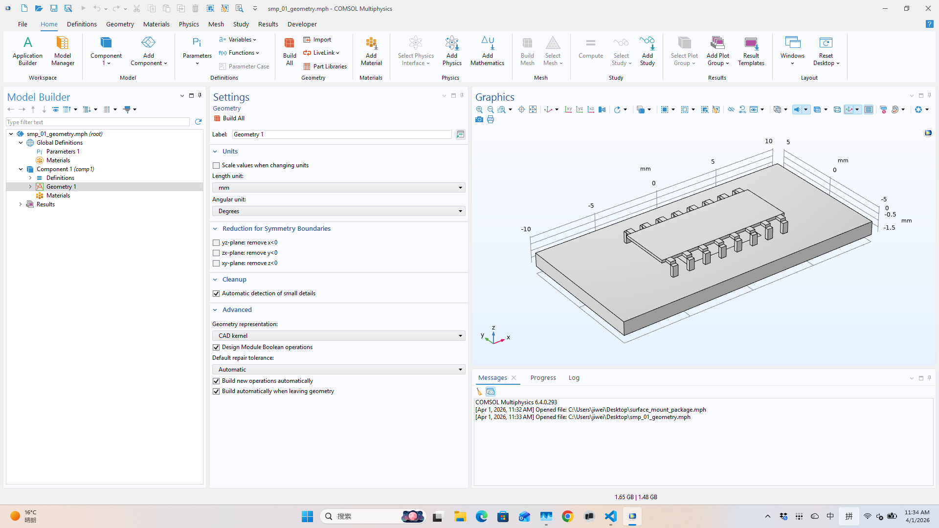 COMSOL geometry view — PC board with surface-mount package and 16 pins