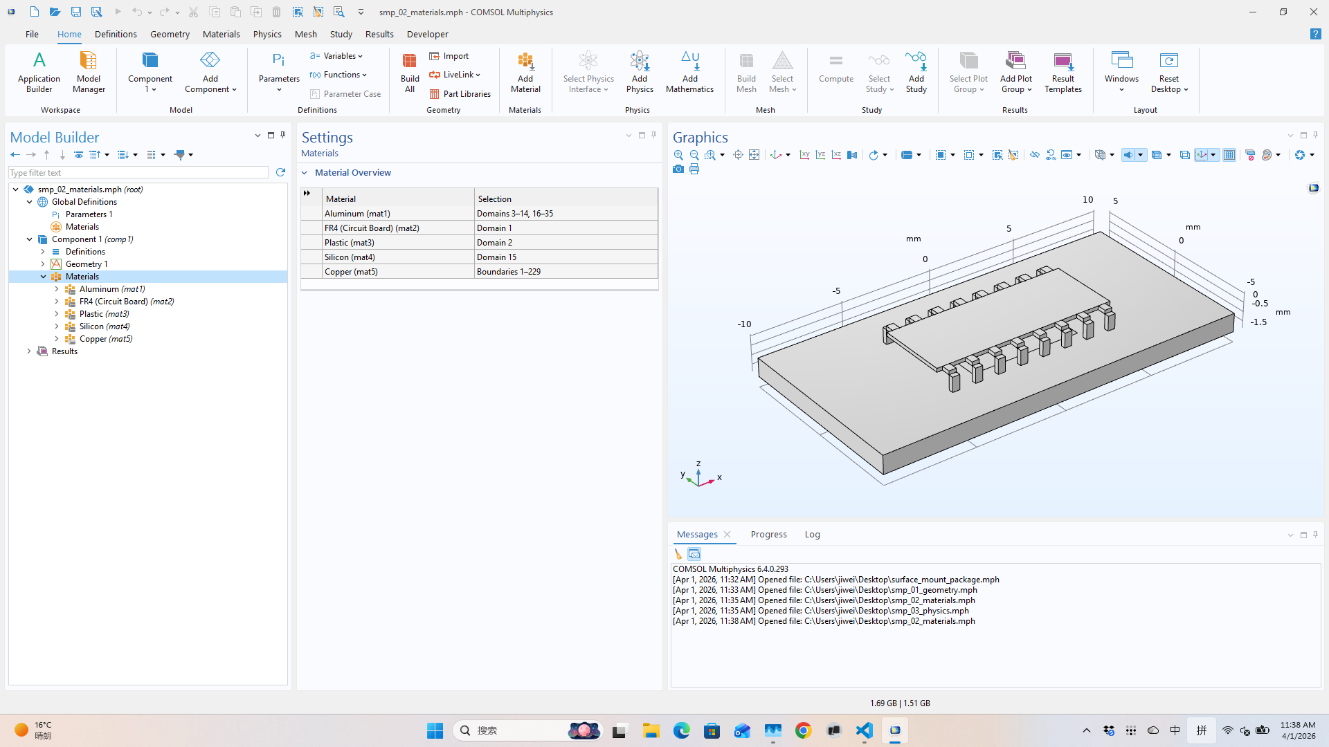 COMSOL materials assigned — color-coded domains on the surface-mount package assembly