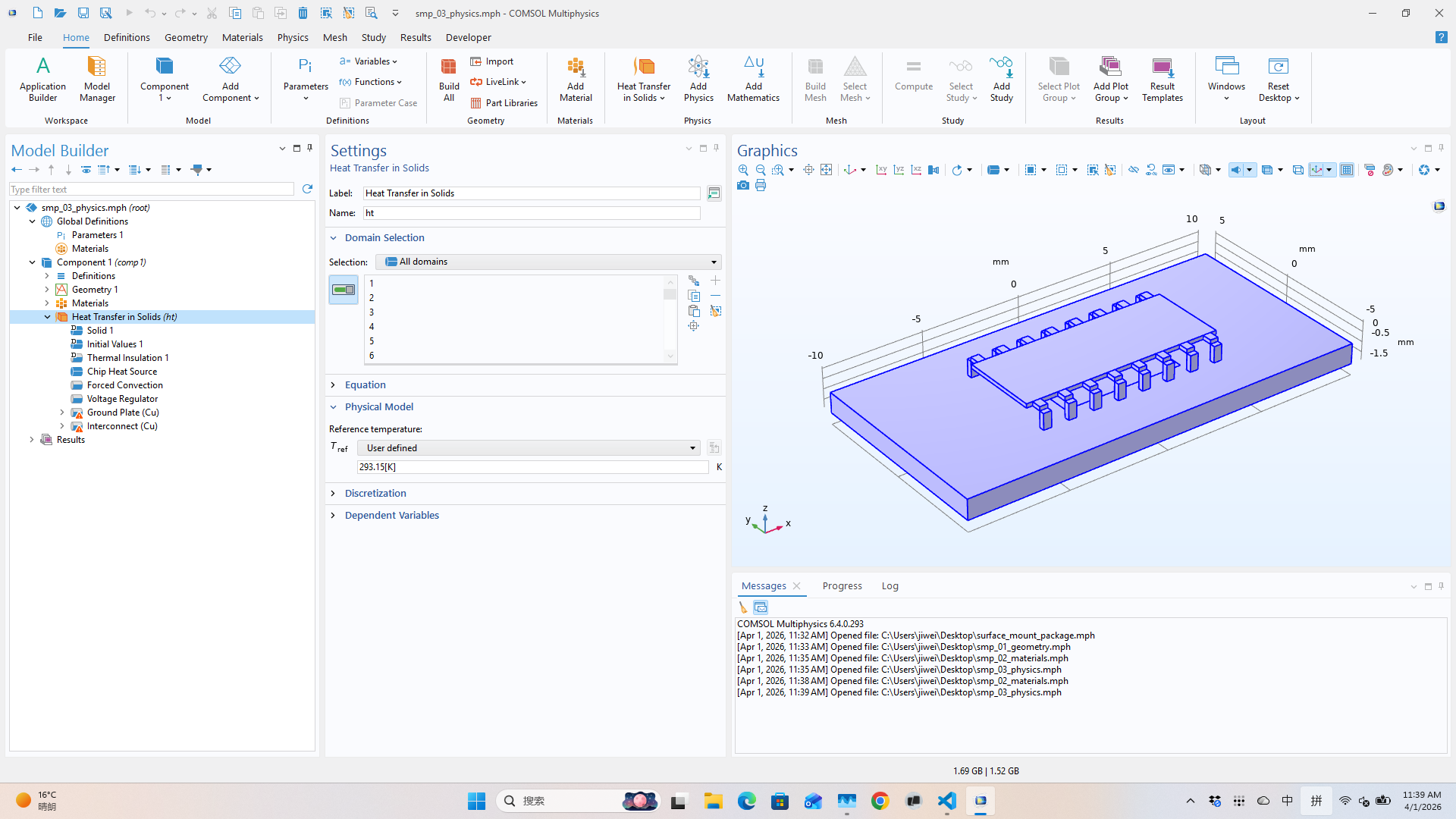 COMSOL physics tree — heat transfer nodes: heat source, convection, thin layers, fixed temperature