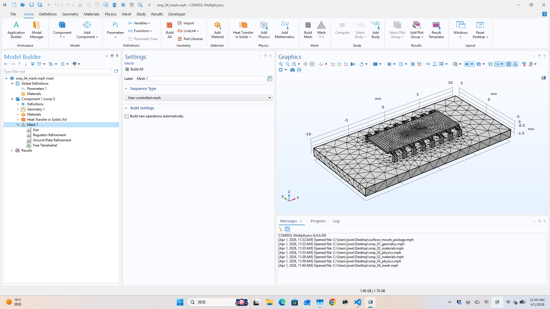 COMSOL tetrahedral mesh on the surface-mount package assembly, ~8.5k elements