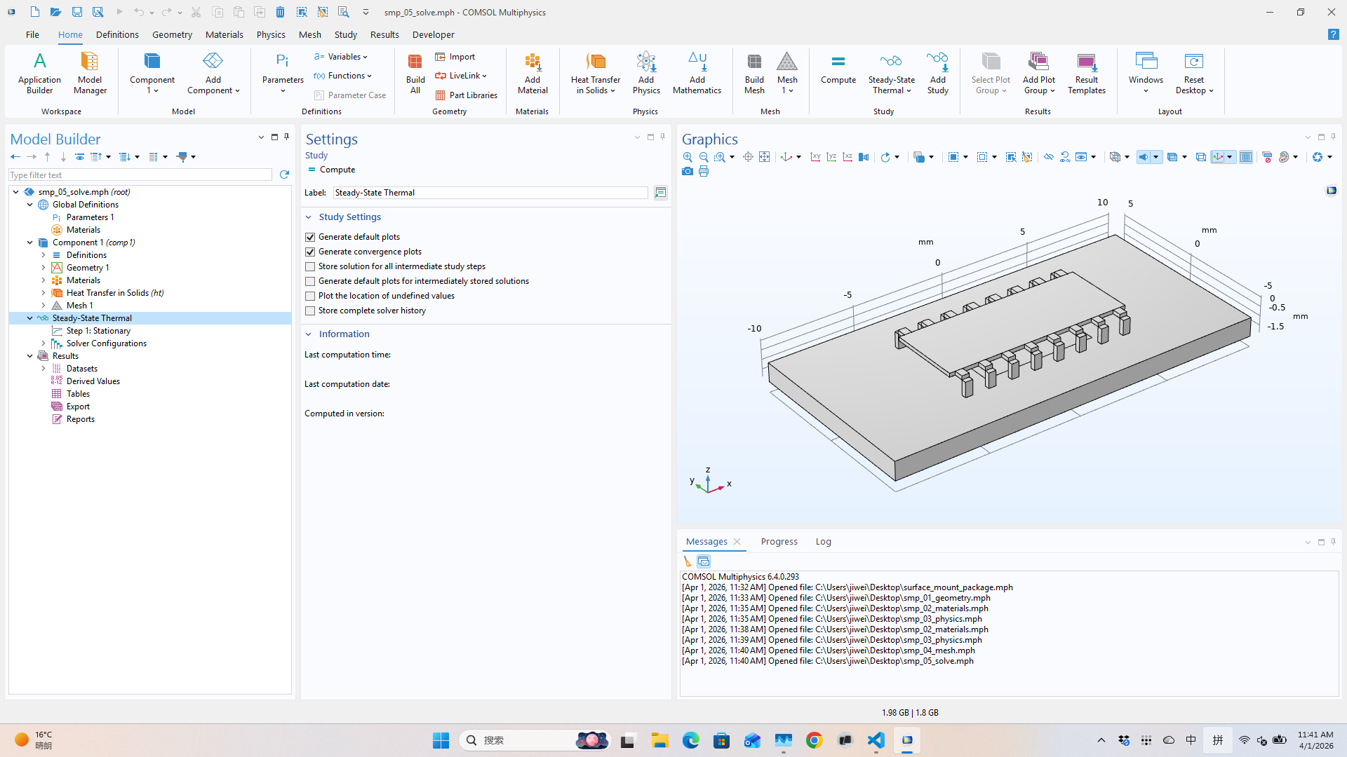 COMSOL solver log showing converged stationary study