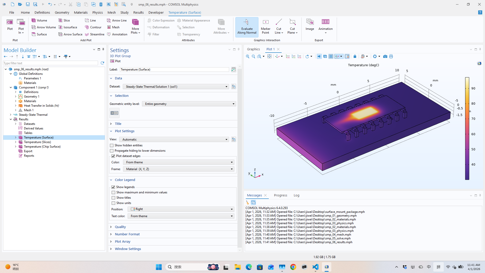 COMSOL surface temperature plot — HeatCameraLight colormap on the package assembly
